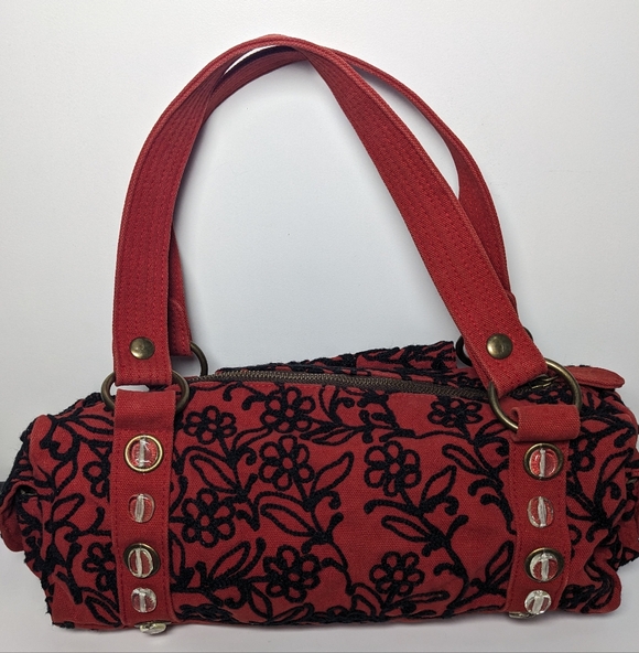 Lola Handbag Canvas Floral Embroidered Red Black Purse Whimsygoth - Picture 2 of 13